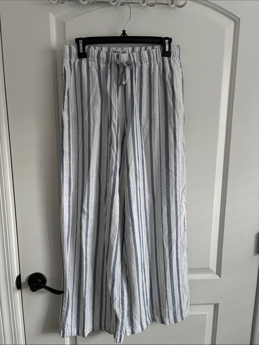 Nine West Blue White Striped Wide Leg Pants Women's Medium Linen Blend Pull On